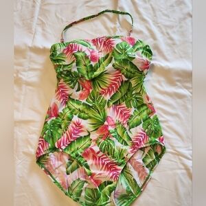 Jantzen Classic One Piece Palm Pattern Green&Pink Swim Suit Size 12.
